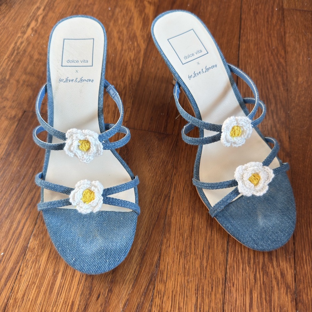 Dolce Vita Denim Blue Sandals with White Floral Details